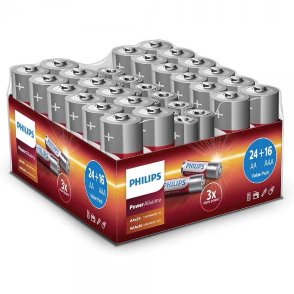 ΑΛΚΑΛΙΚΕΣ ΜΠΑΤΑΡΙΕΣ POWER PHILIPS 24xAA & 16xAAA 1.5V 40τεμ