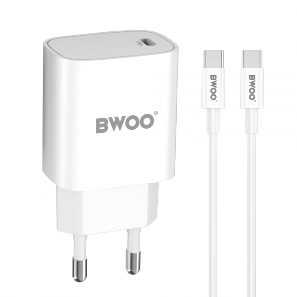 BWOO TRAVEL CHARGER CDA159 PD 20W 1XPORT TYPE C + DATA CABLE TYPE C to TYPE C white