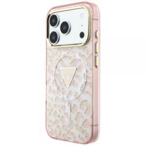 GUESS GLITTER LEOPARD TRIANGLE LOGO CASE MAG IPHONE 18 PRO MAX / 17 PRO MAX pink backcover