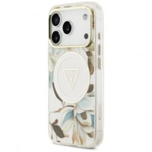 GUESS IML METAL GLITTER FLOWERS TRIANGLE MAG CASE IPHONE 18 PRO / 17 PRO white backcover