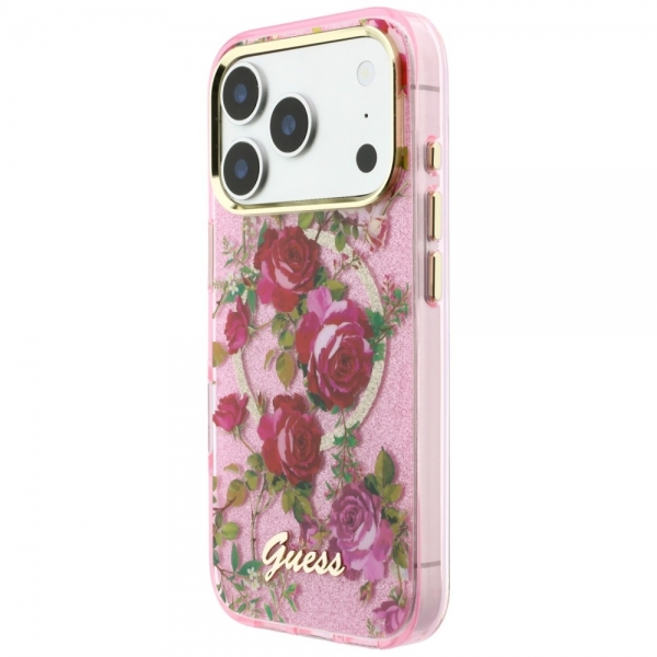 GUESS IML METAL GLITTER BLOSSOM MAG CASE IPHONE 18 PRO / 17 PRO pink backcover