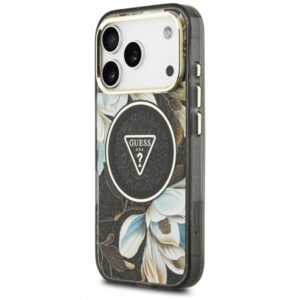 GUESS IML METAL GLITTER FLOWERS TRIANGLE MAG CASE IPHONE 18 PRO / 17 PRO black backcover