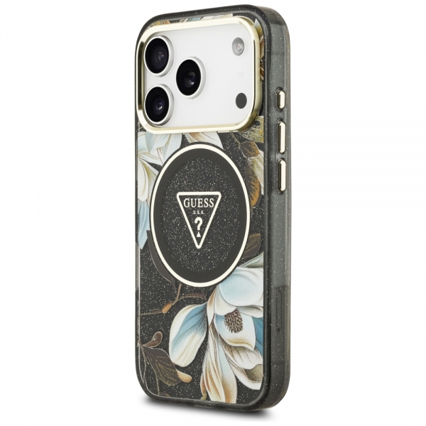 GUESS IML METAL GLITTER FLOWERS TRIANGLE MAG CASE IPHONE 18 PRO / 17 PRO black backcover