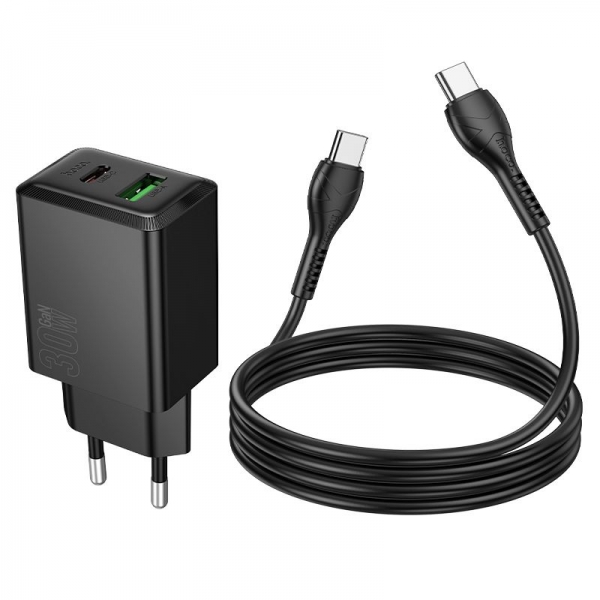 HOCO TRAVEL CHARGER 2 PORTS N71 QC3.0 PD 30W + DATA CABLE TYPE C TO TYPE C black