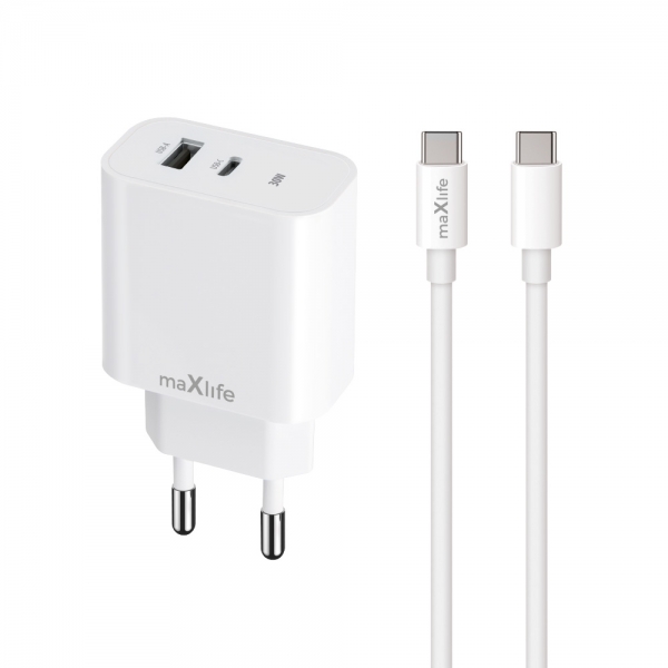 MAXLIFE TRAVEL FAST CHARGER PD QC 30W + DATA CABLE TYPE C white