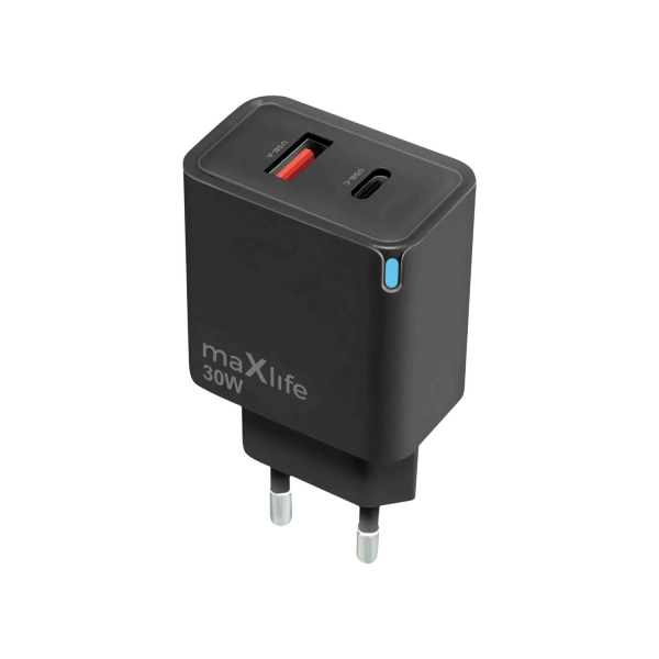 MAXLIFE TRAVEL FAST CHARGER GaN PD QC 30W 2X PORTS black