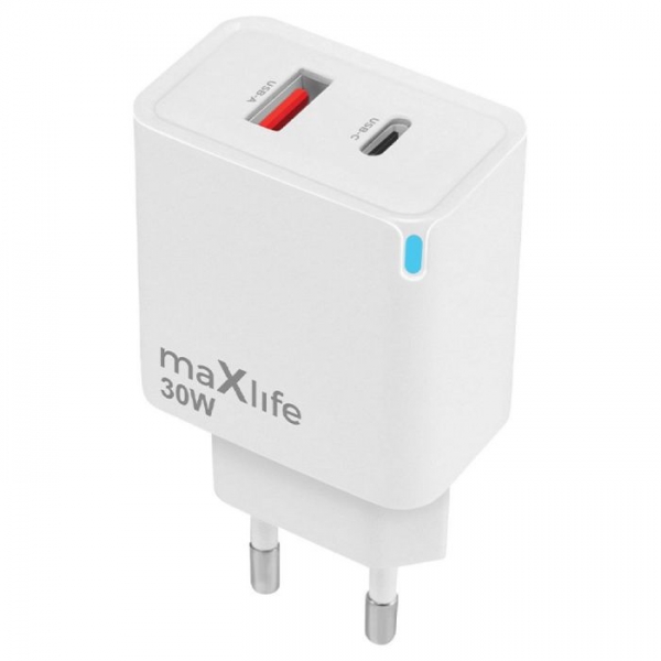 MAXLIFE TRAVEL FAST CHARGER GaN PD QC 30W 2X PORTS white