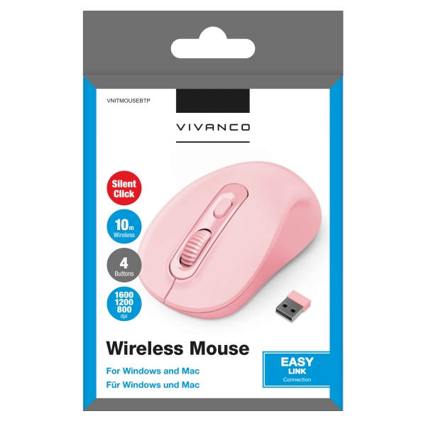 VIVANCO WIRELESS MOUSE OPTICAL ERGONOMIC DESIGN AND SILENT CLICK pink